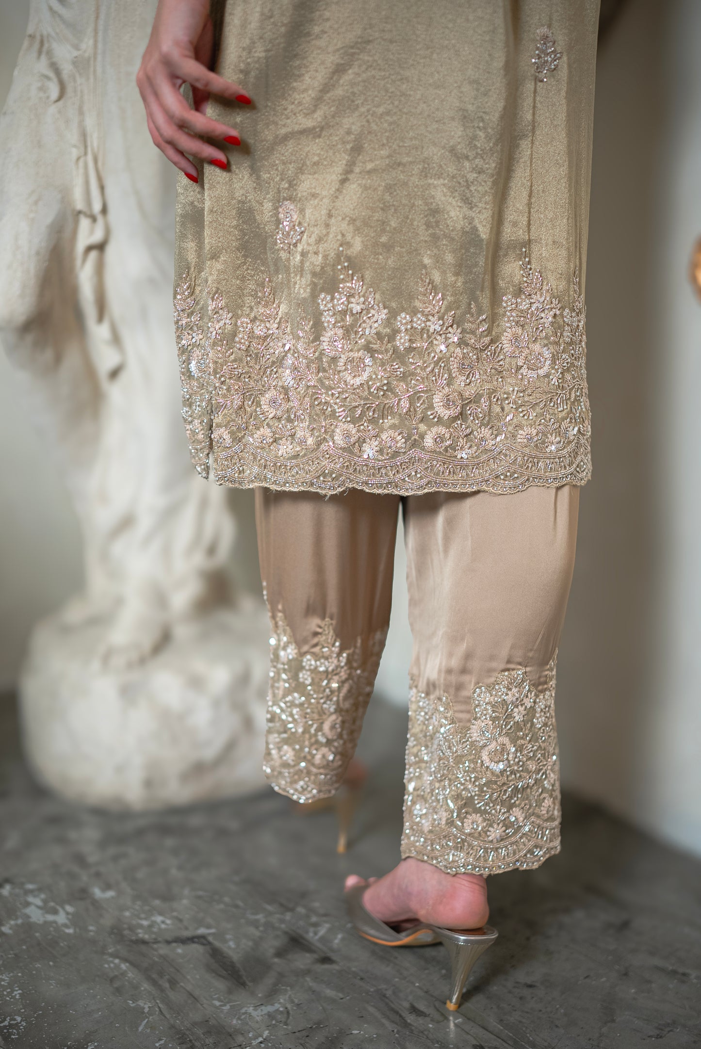 Beige Embroidered Pakistani Suit with Crystal Detail UAE