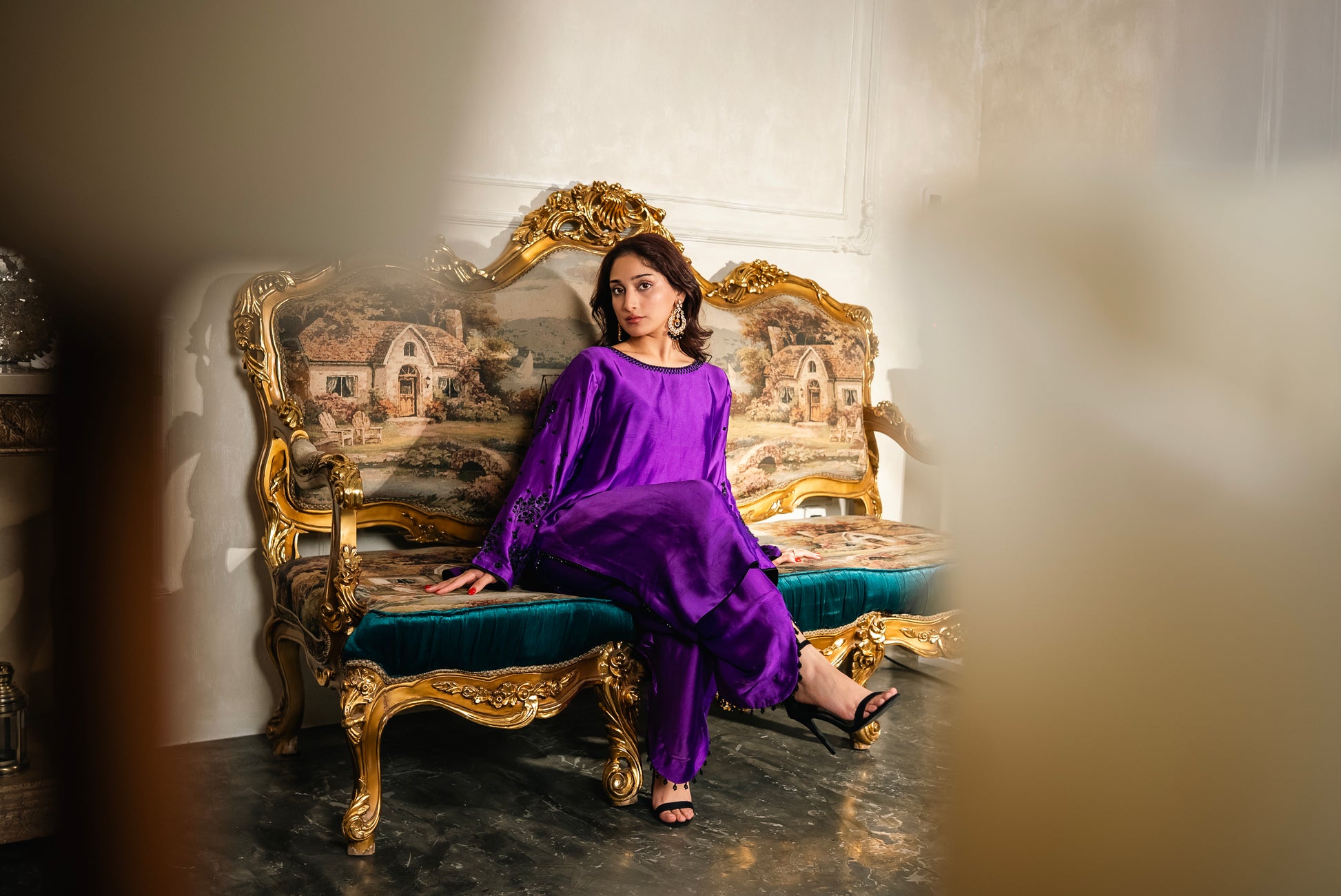 Vivid purple organic raw silk Pakistani suit