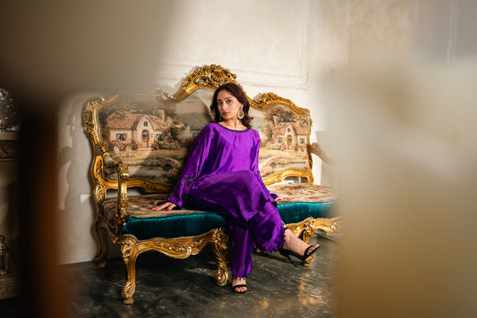 Vivid purple organic raw silk Pakistani suit
