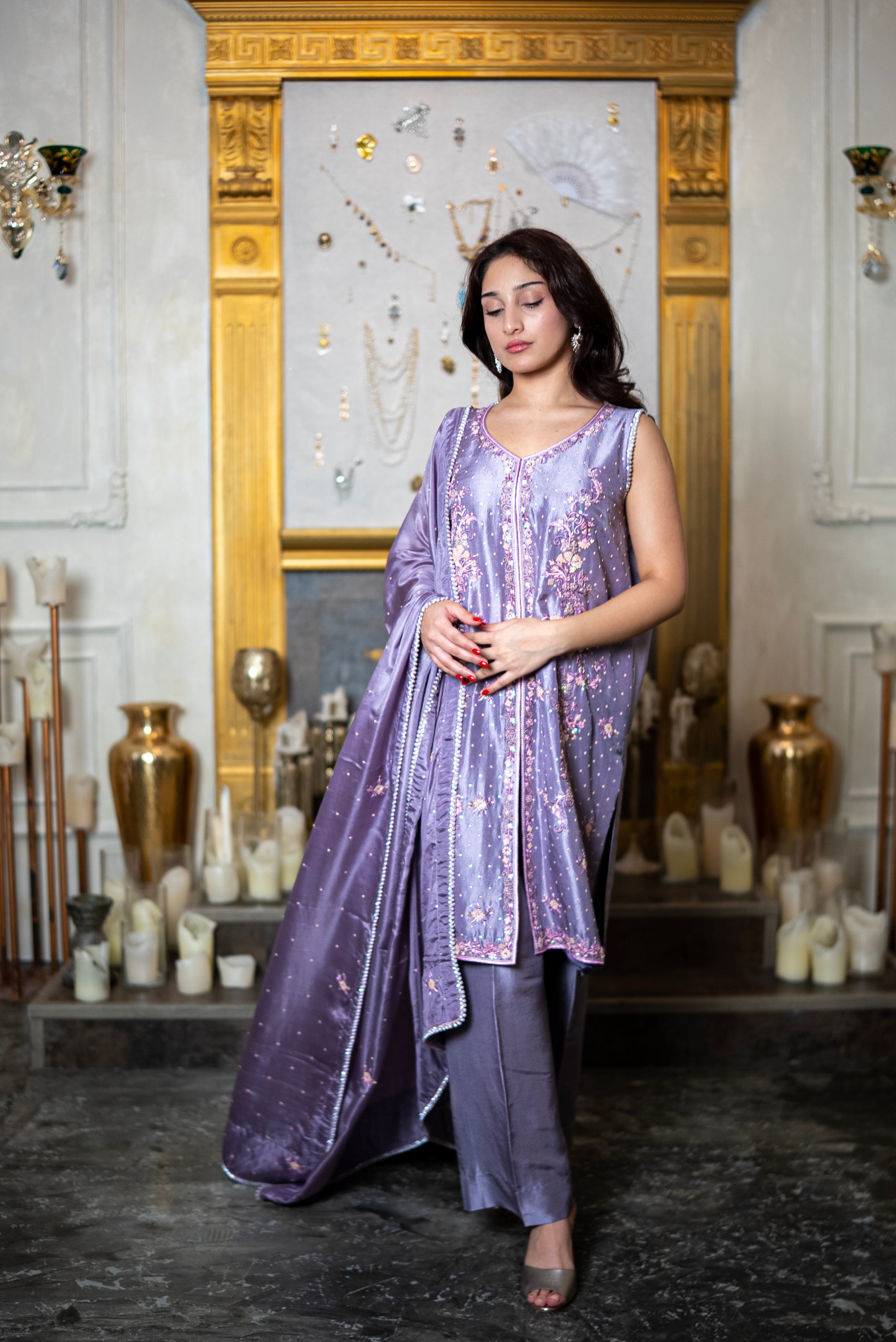 Blush-mauve embroidered designer suit