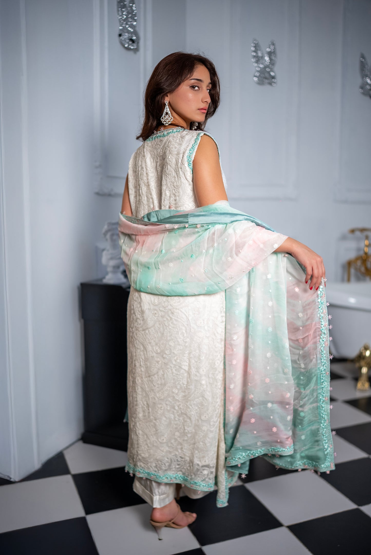 white aqua embroidered Pakistani suit