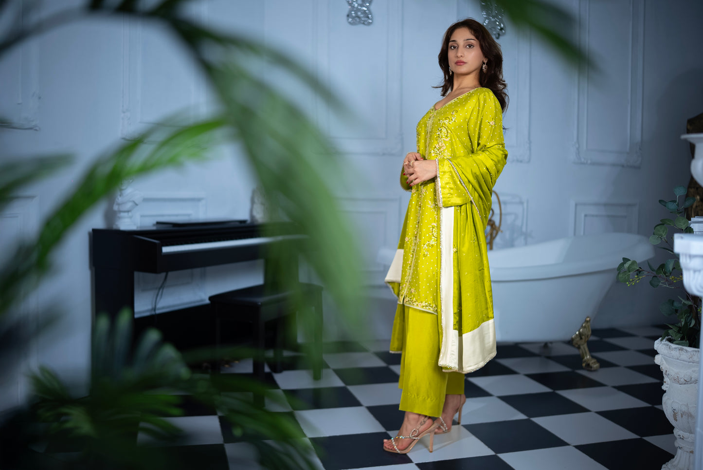 Citrus Sorbet luxury raw silk Pakistani suit in lime green with hand-embroidered stonework