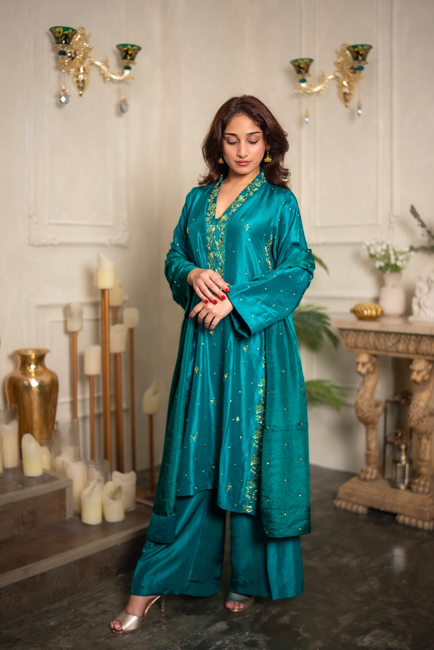 Emerald Veil hand embroidered crystal beadwork suit with ornamental side tassels