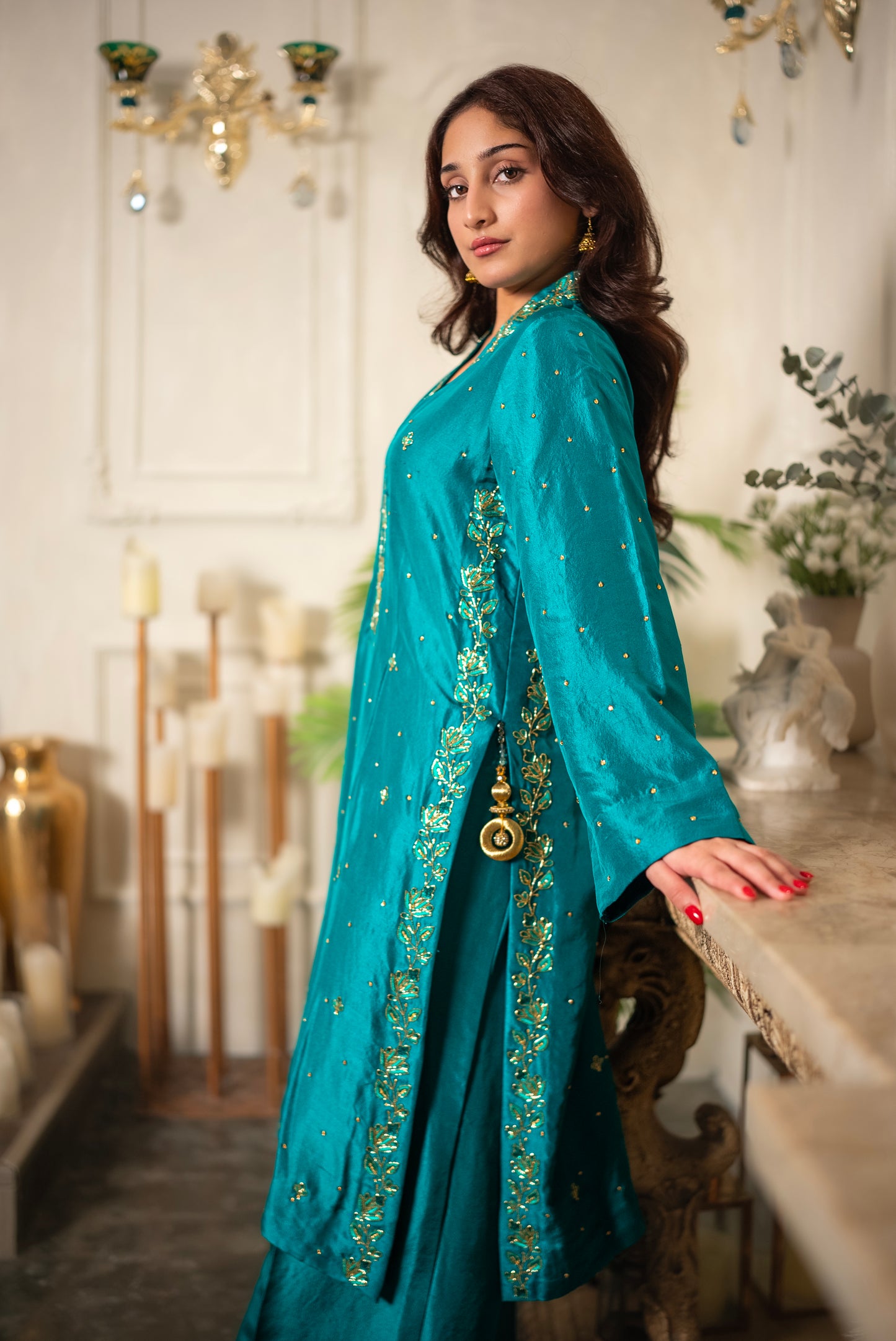 Emerald Veil hand embroidered crystal beadwork suit in organic raw silk