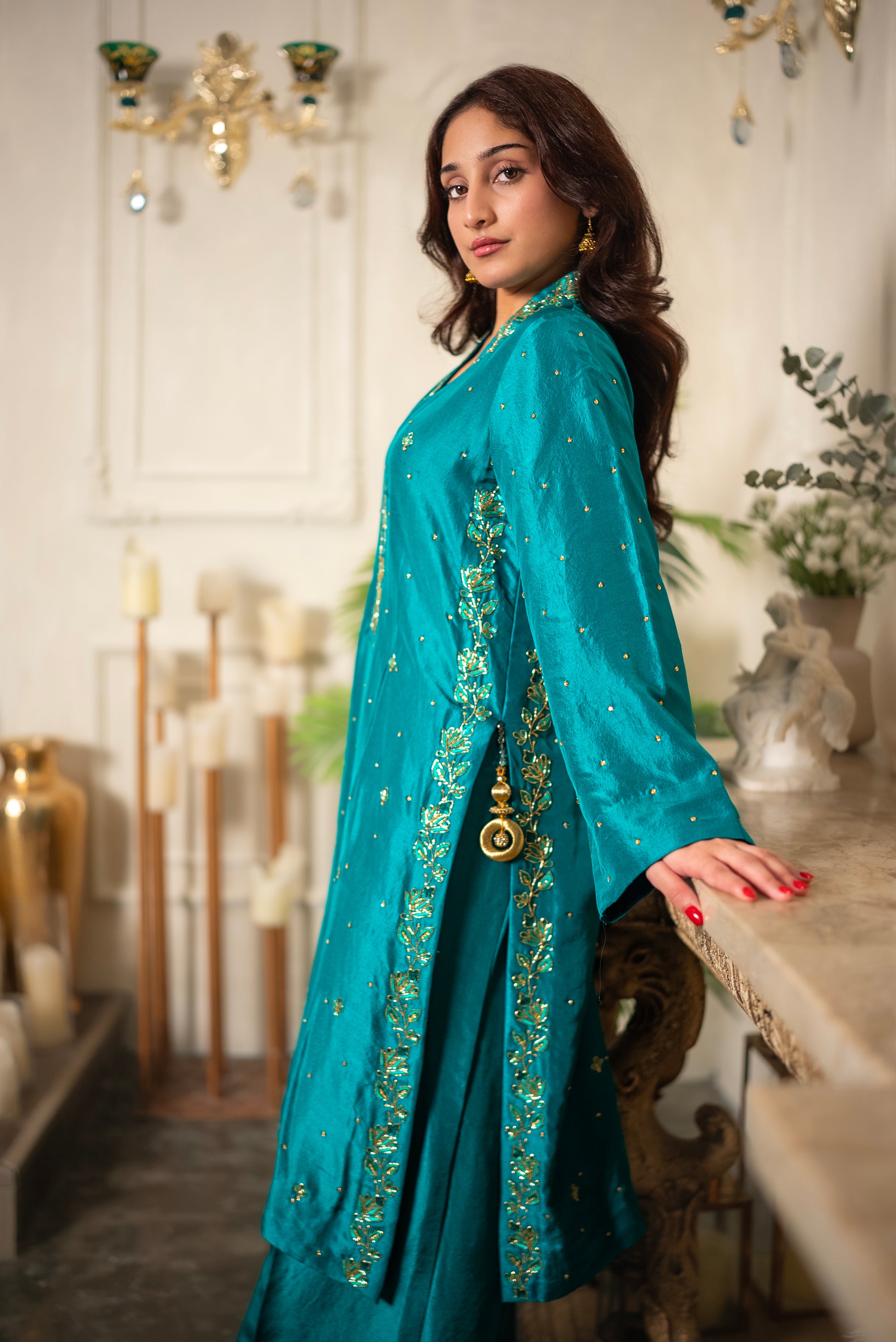 Emerald Veil hand embroidered crystal beadwork suit in organic raw silk