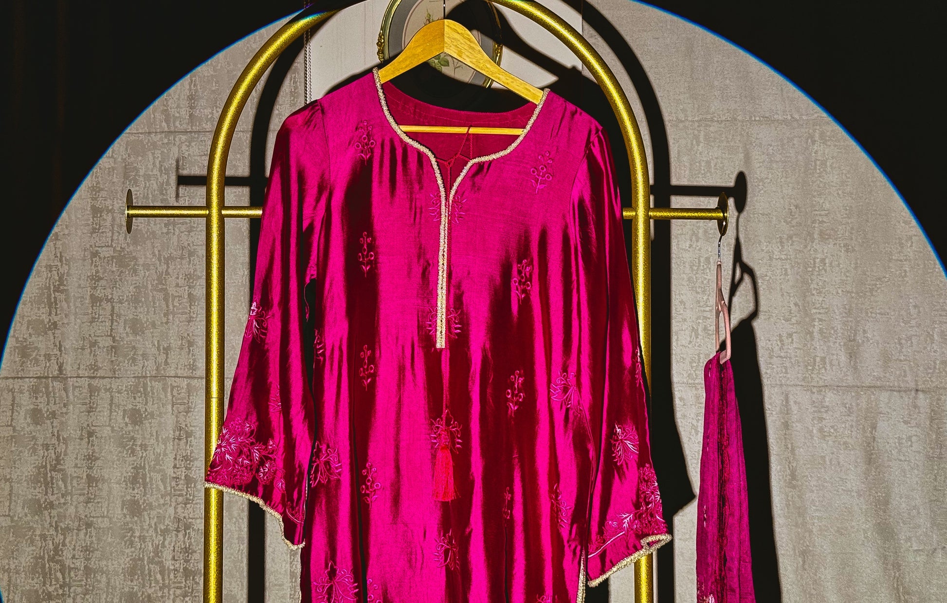 Fuchsia floral embroidered Pakistani suit with cream beaded detailing