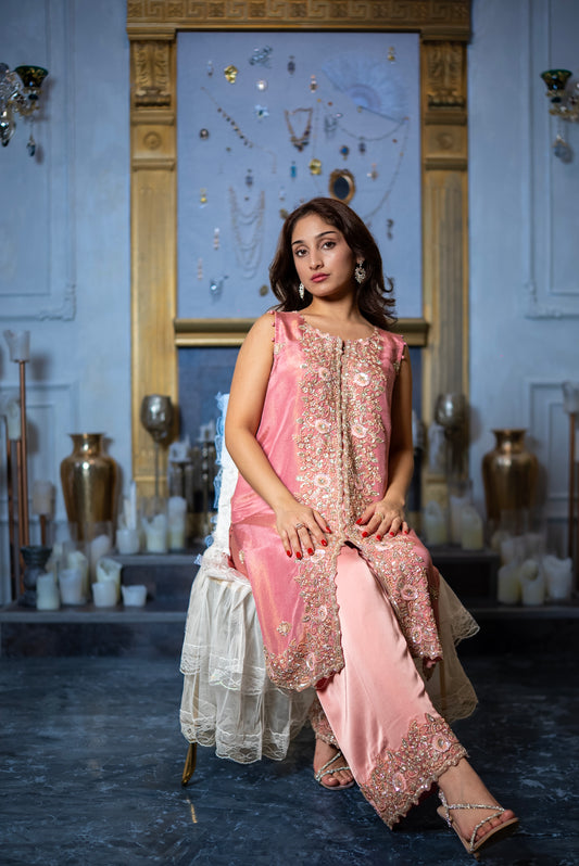 pearlescent pink crystal embellished Pakistani suit