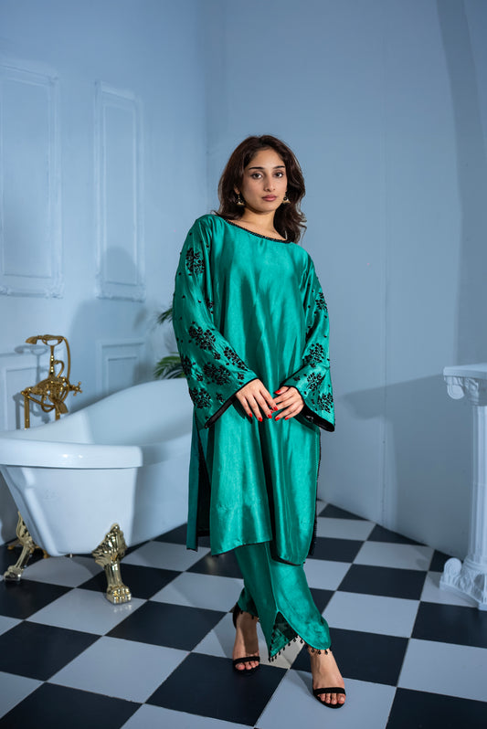 Jade luxury raw silk Pakistani suit in vivid green with hand-embroidered black crystal detailing on sleeves