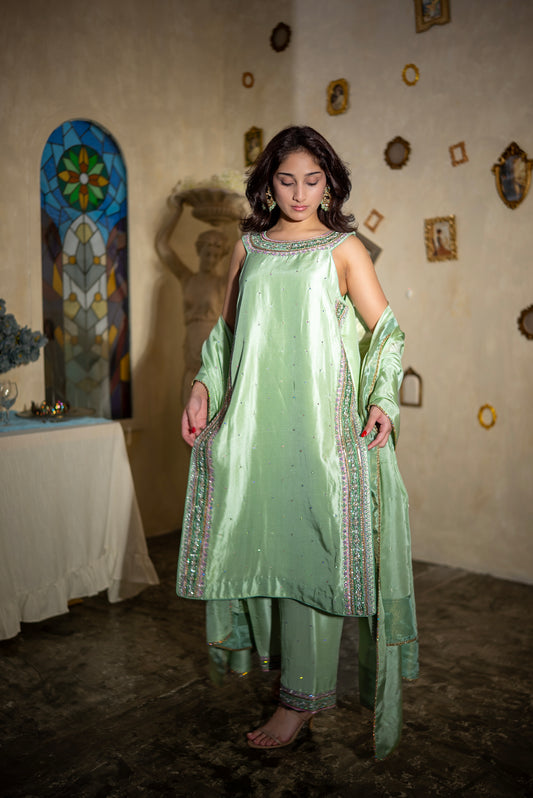 Mint Jewel luxury Pakistani suit in jewel-toned green with hand embroidery and crystal work