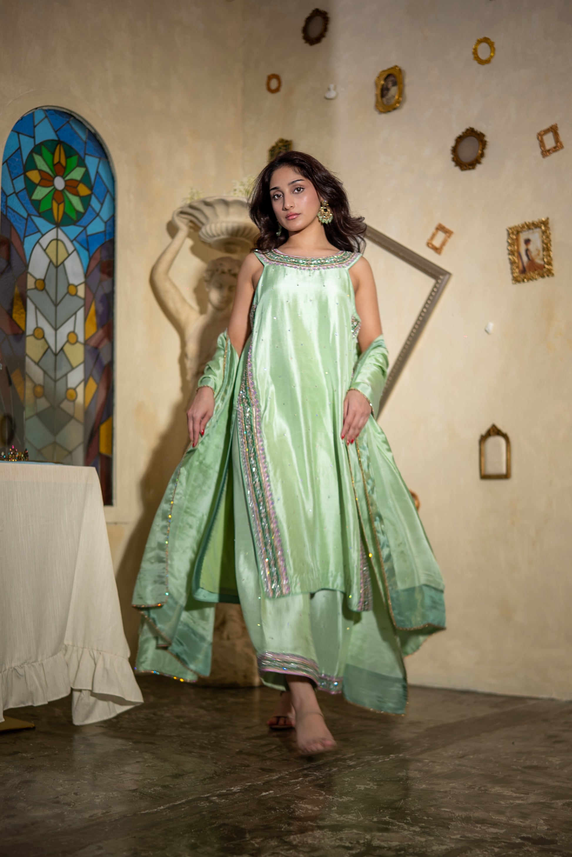 Luxury Pakistani suit Mint Jewel raw silk trousers and shirt, buy online UAE