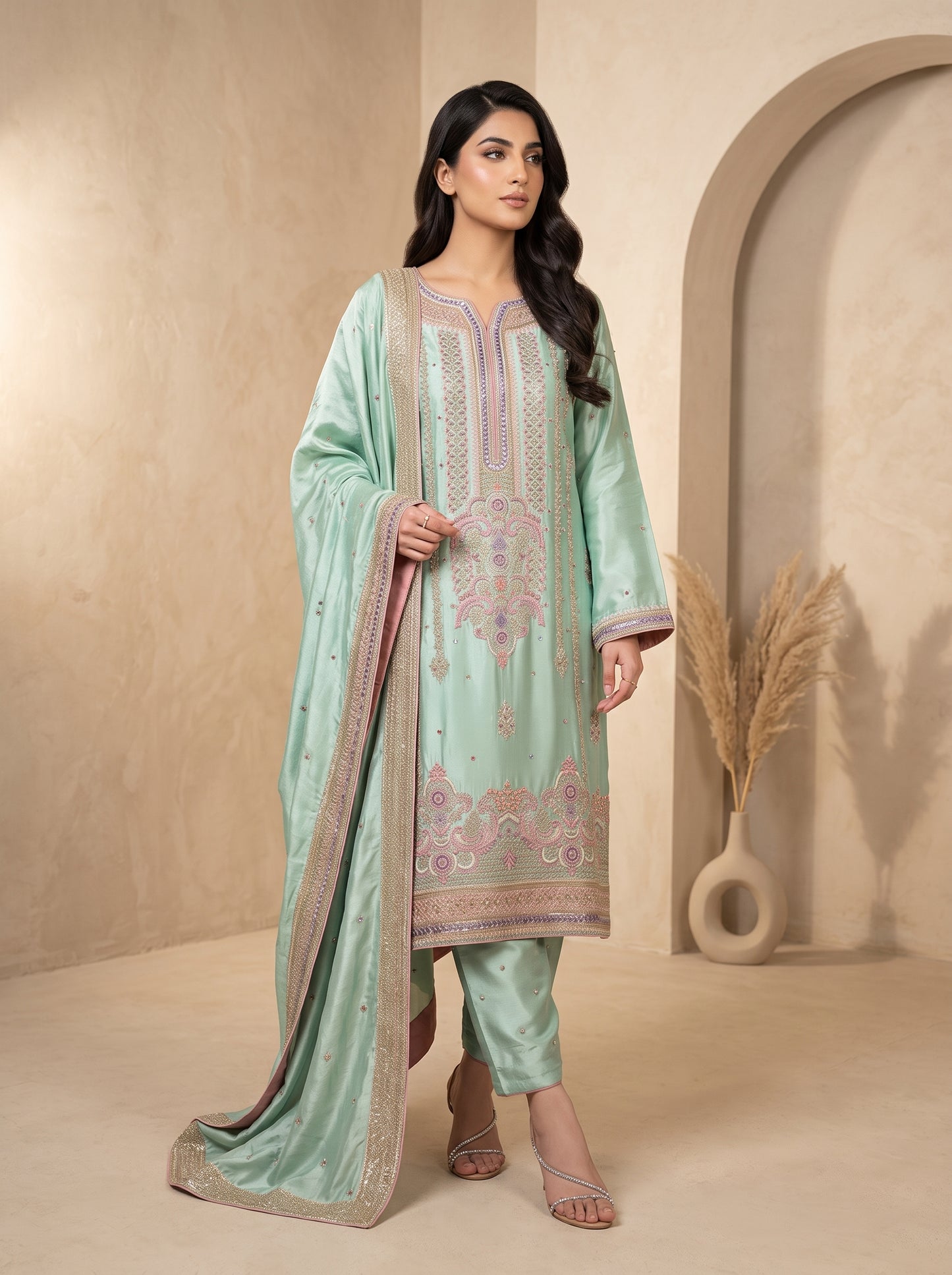 A woman modeling a mint green premium pakistani designer outfit for wedding with pink and gold embroidery, matching pants, and a dupatta, set against a warm beige studio backdrop with an archway and decorative vase.