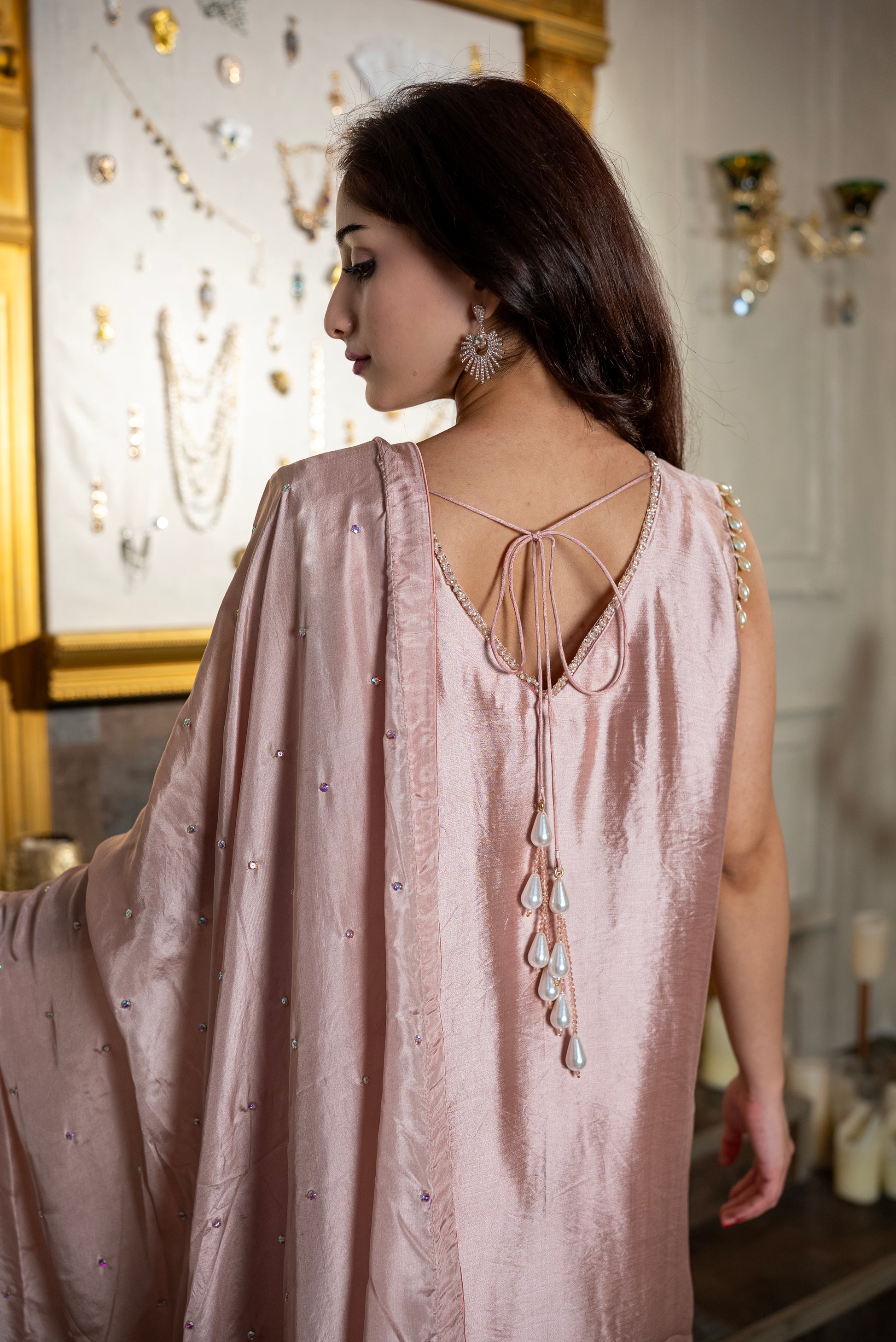 Rosewater pink tissue silk Pakistani suit trousers with multicolor stone embellishment detailing