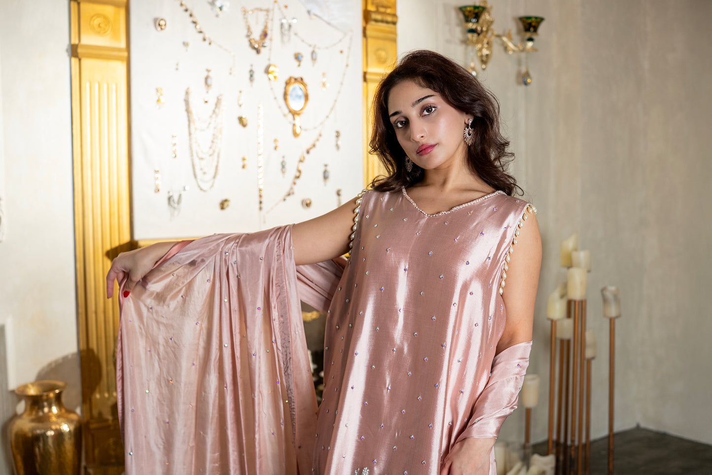 Rosewater pink tissue silk Pakistani suit trousers with multicolor stone embellishment detailing