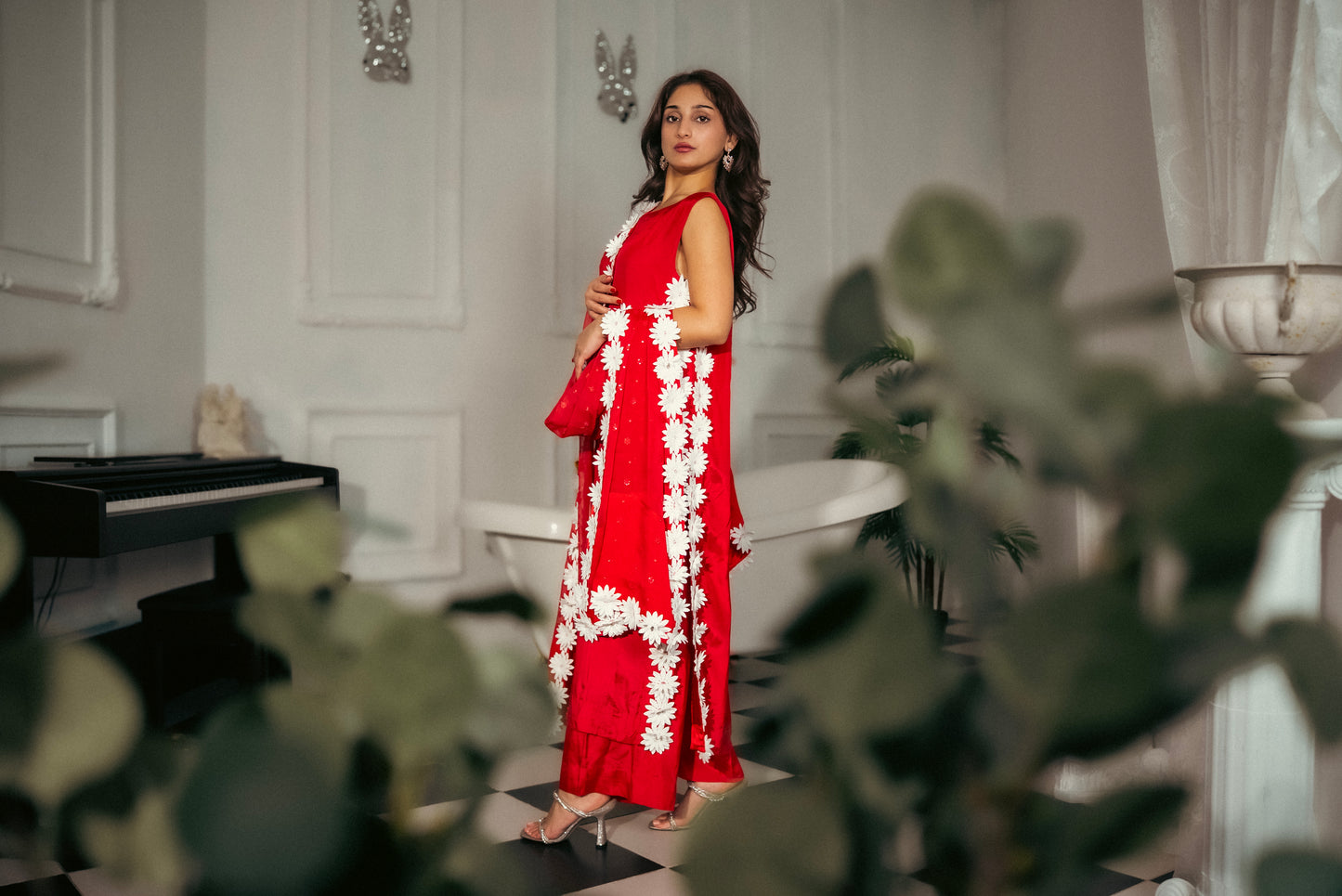 Ruby Charm red Pakistani suit front view