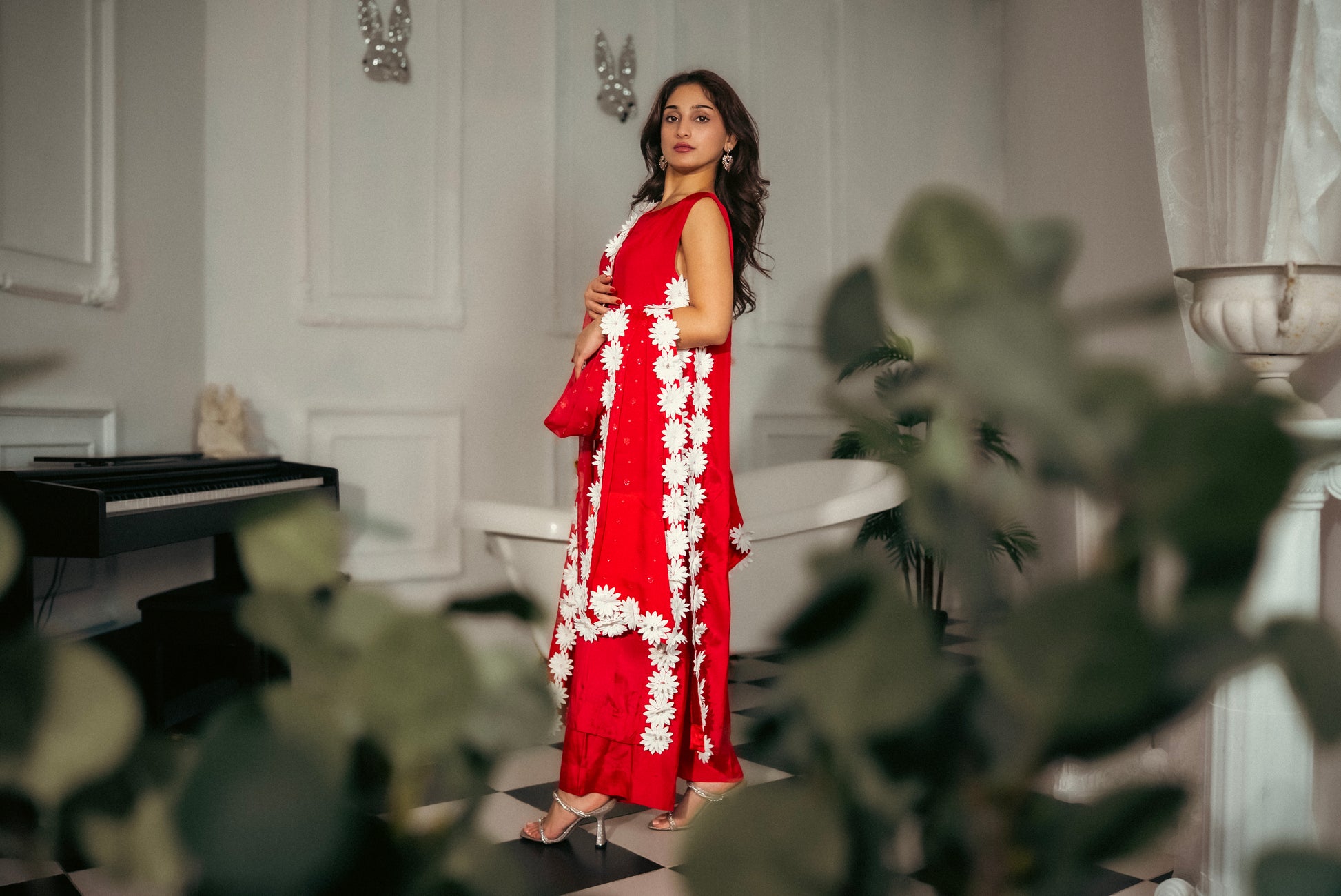 Ruby Charm red Pakistani suit front view