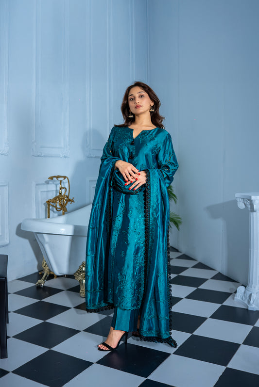 Verdant Grace dark green tissue silk suit with embroidery and cutwork detailing