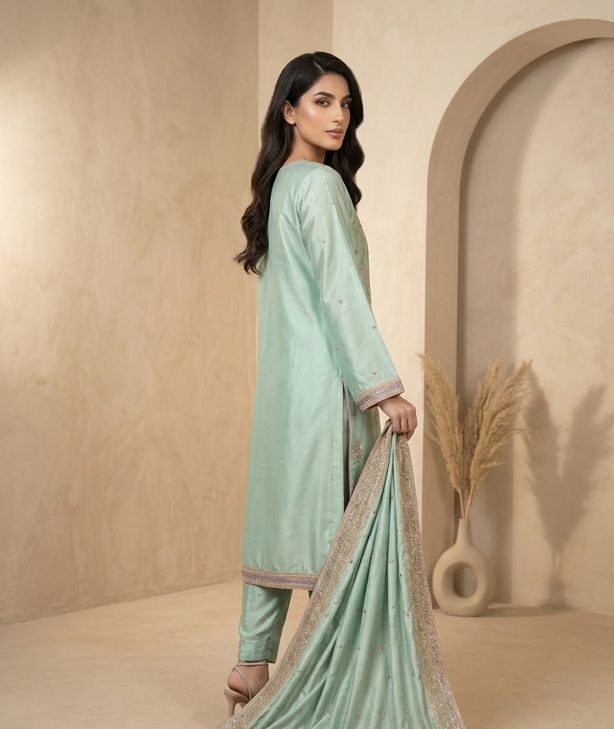A woman modeling a mint green premium pakistani designer outfit for wedding with pink and gold embroidery, matching pants, and a dupatta, set against a warm beige studio backdrop with an archway and decorative vase.