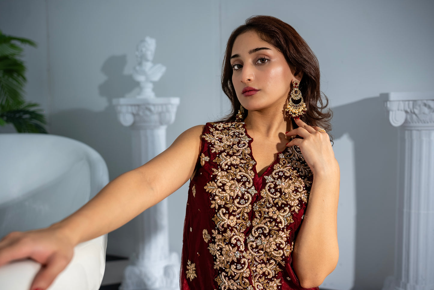 Veloura maroon khaddi net suit pure silk pants with embroidered motifs