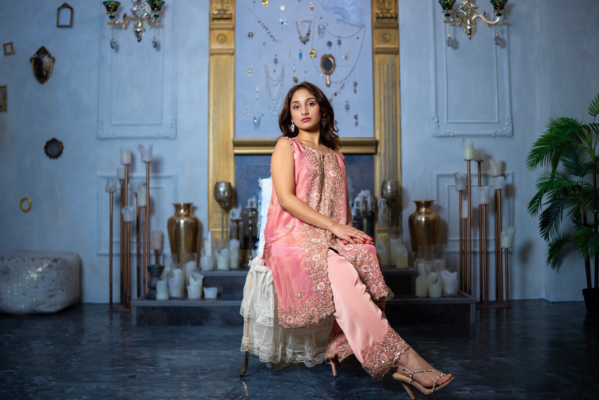 pearlescent pink Pakistani outfit