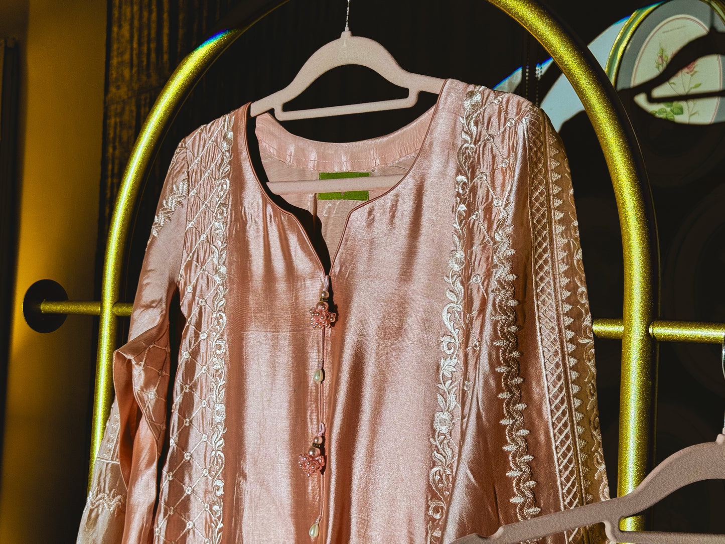 Petal Glow floral embroidered Pakistani suit in tissue silk
