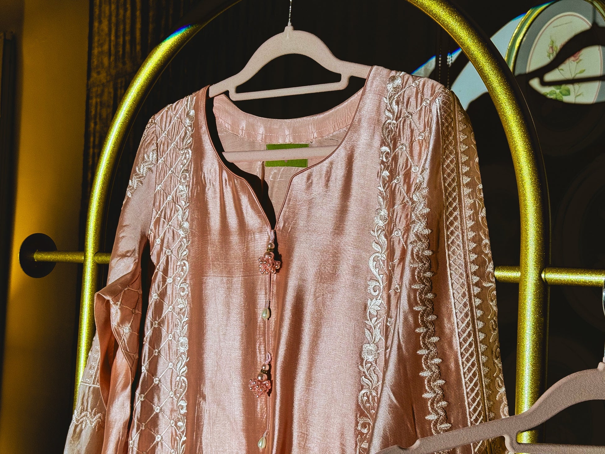Petal Glow floral embroidered Pakistani suit in tissue silk