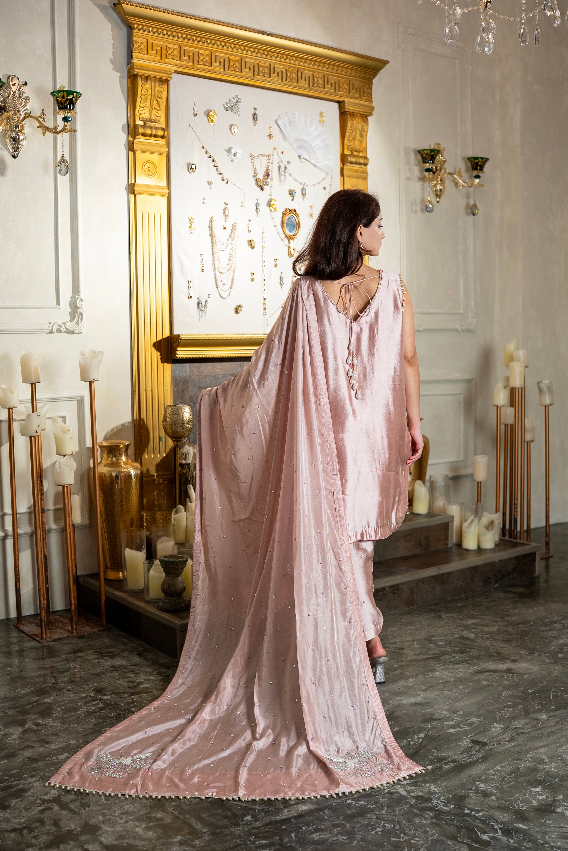 Rosewater pink tissue silk Pakistani suit with pearl and crystal embroidery