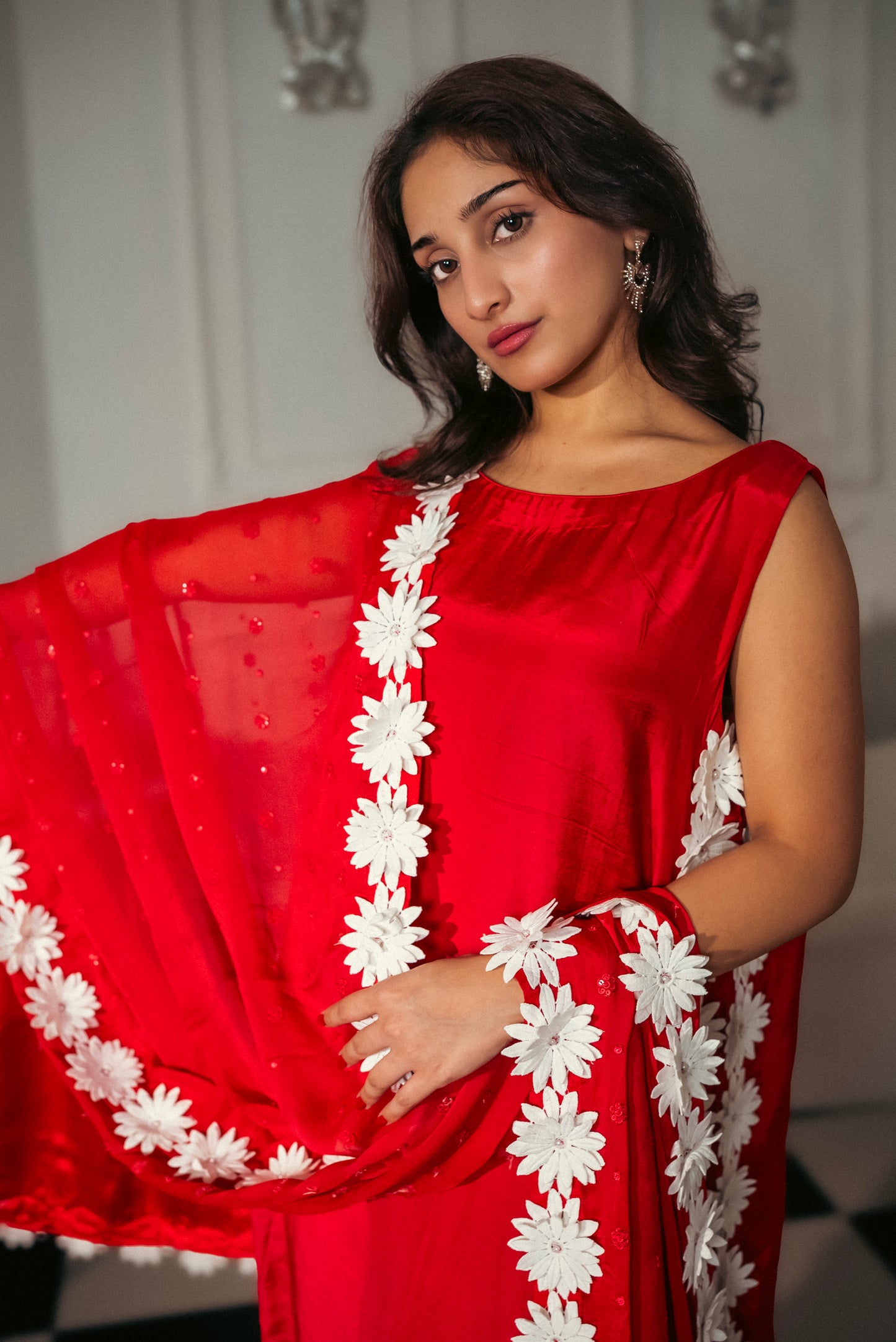 Red floral Pakistani designer wear for women in UAE
