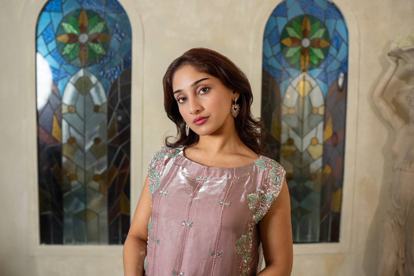 Rose Mist silver aqua lama silk Pakistani suit front view