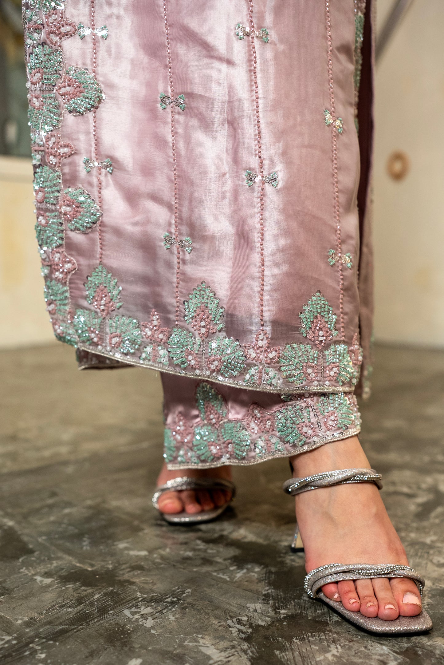 Matching lama silk trousers from Rose Mist Pakistani suit