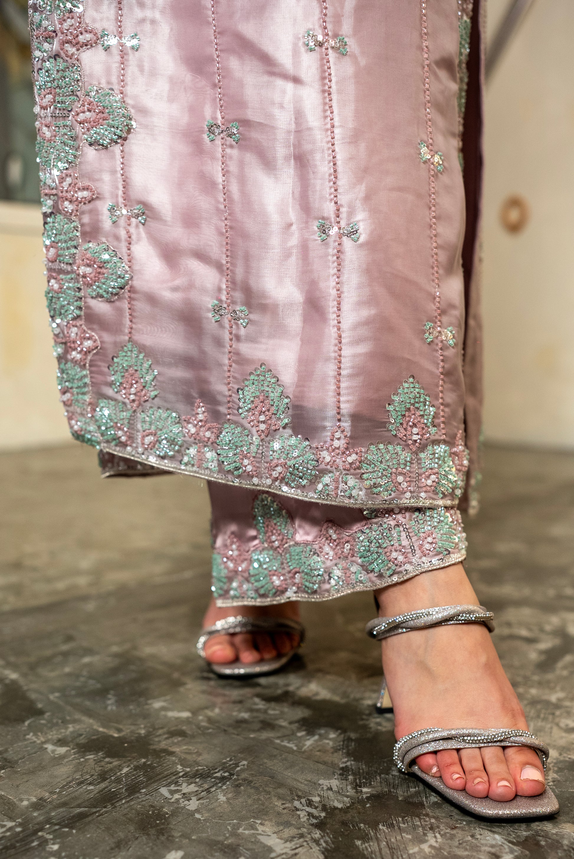 Matching lama silk trousers from Rose Mist Pakistani suit
