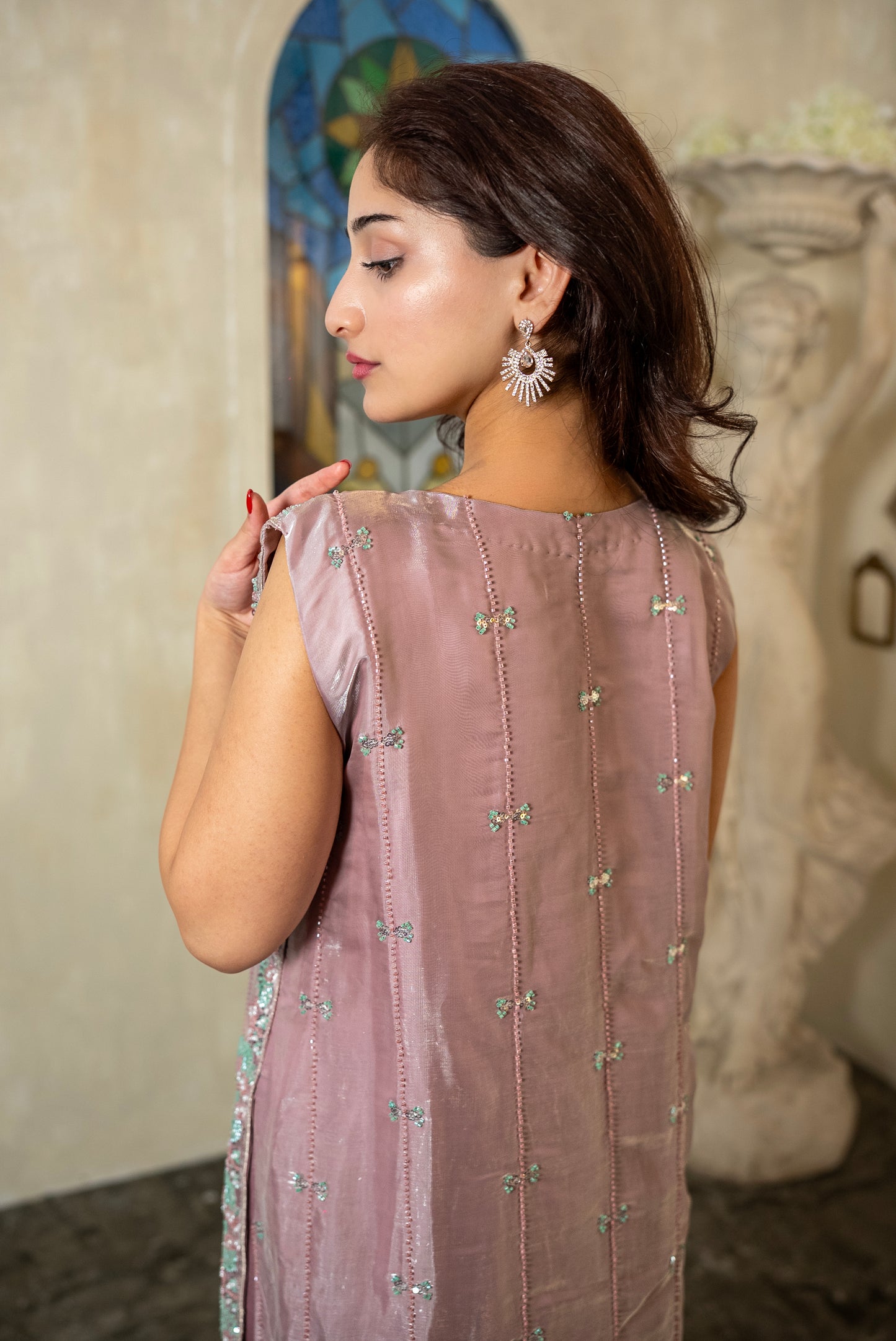 Silver and aqua embroidery detail on Rose Mist Pakistani suit