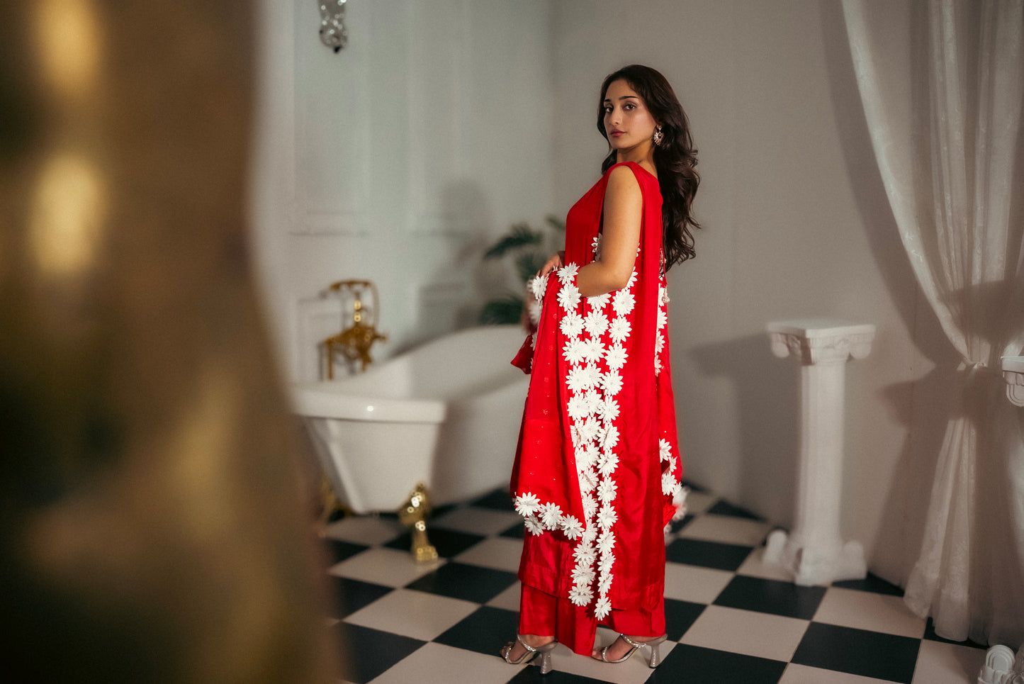 Red raw silk Pakistani shirt with floral daisy detailing