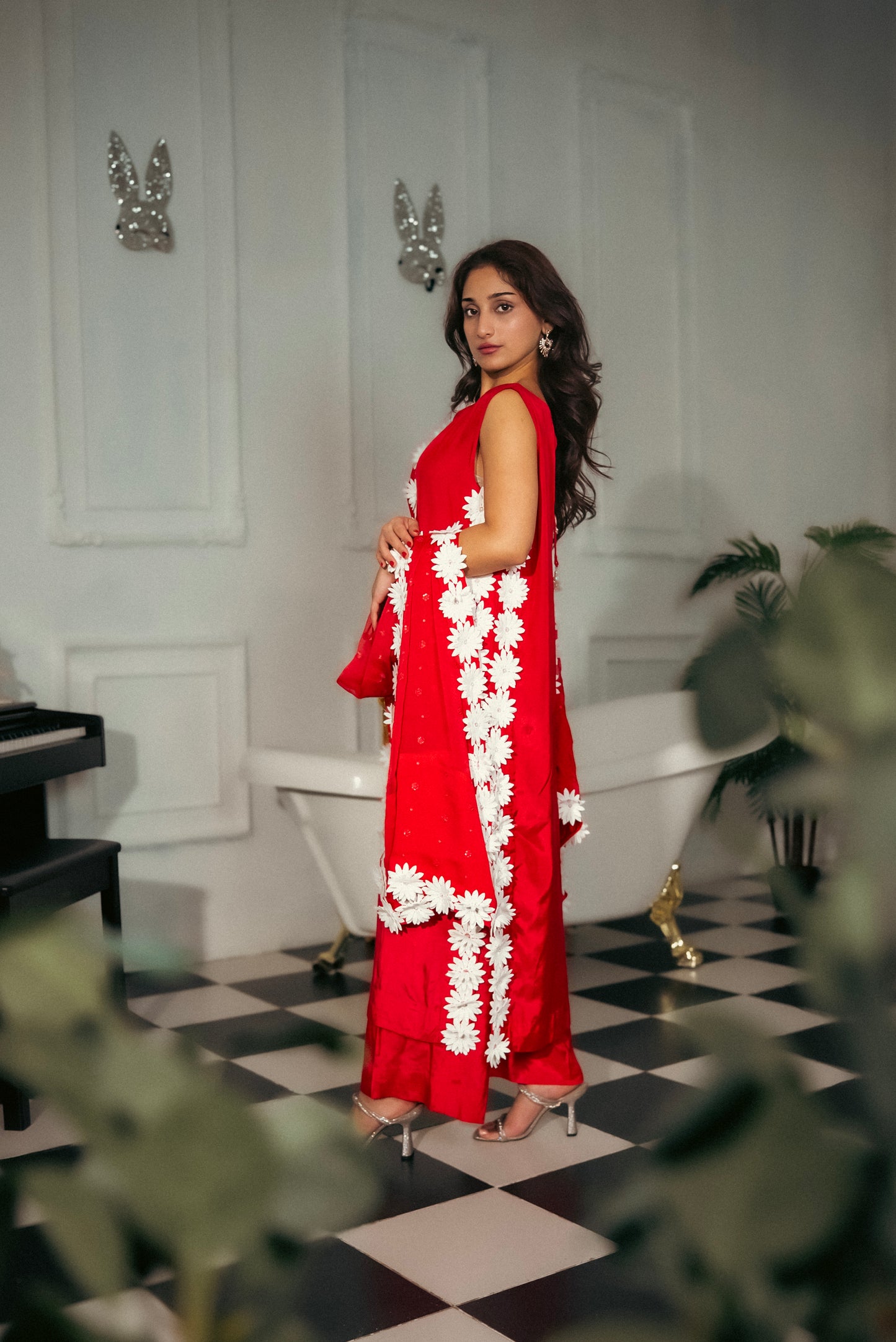 White daisy appliqué detail on Ruby Charm Pakistani suit