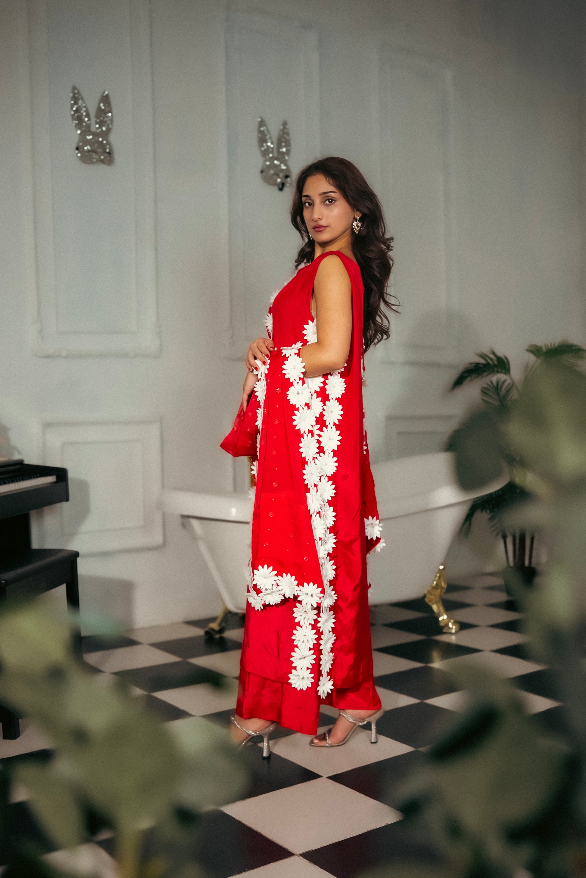 White daisy appliqué detail on Ruby Charm Pakistani suit