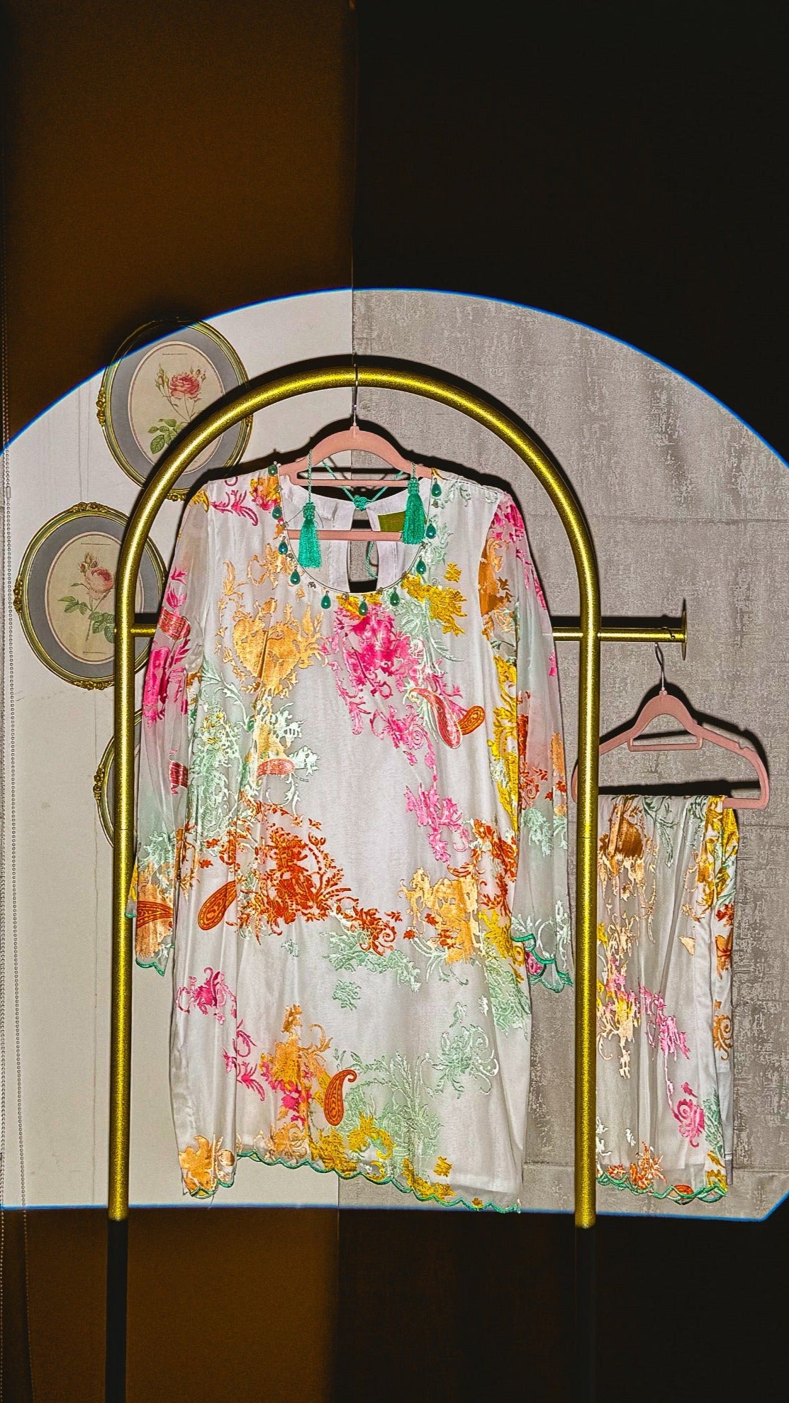 Tropical Breeze chiffon velvet Pakistani suit with mint green velvet accents