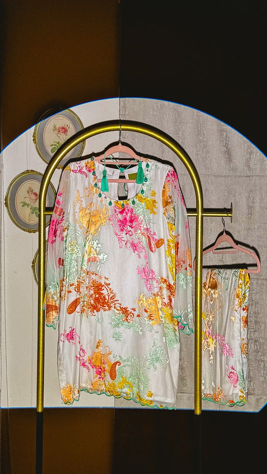 Tropical Breeze chiffon velvet Pakistani suit with mint green velvet accents