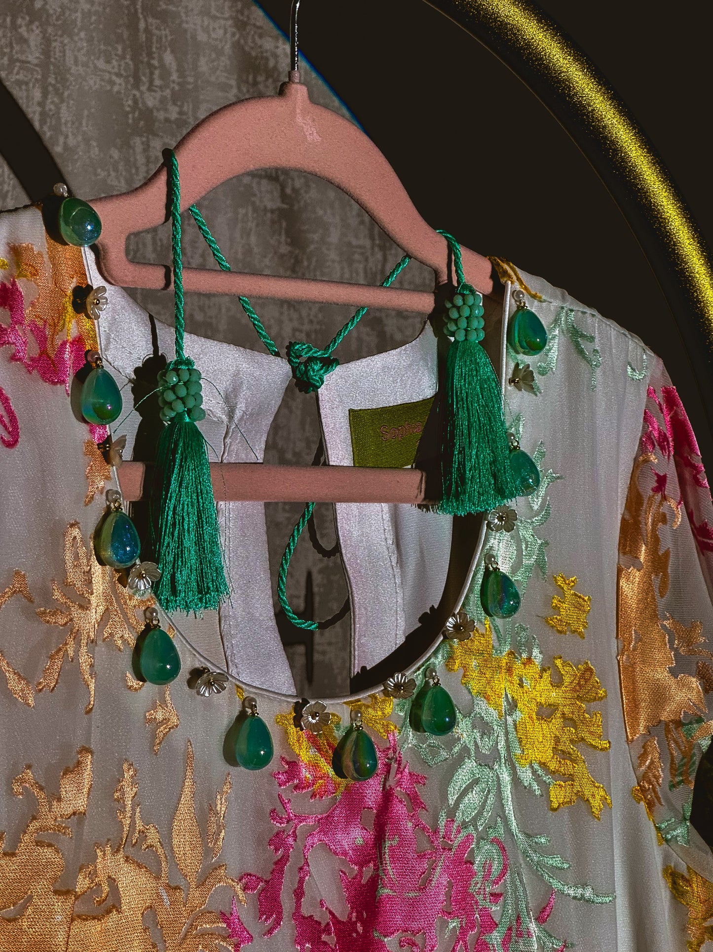 Tropical Breeze Pakistani suit with chiffon fabric and mint green velvet detailing