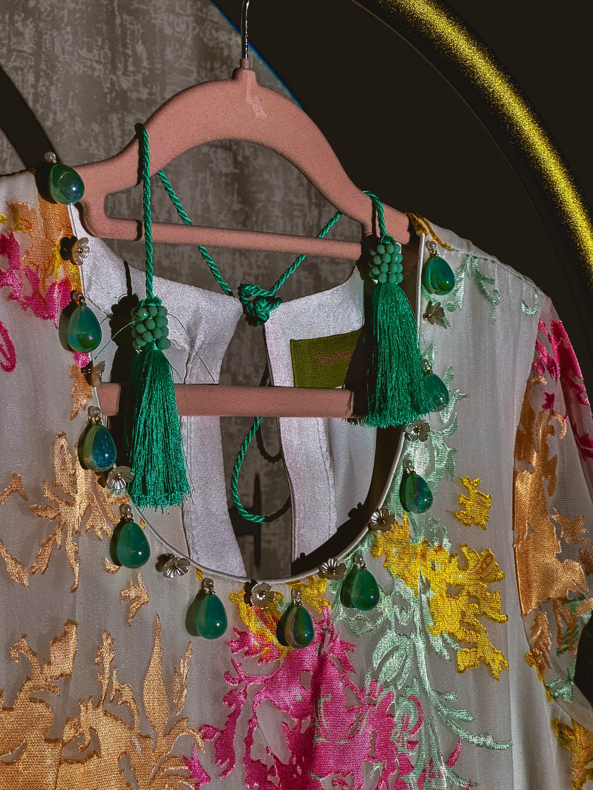 Tropical Breeze Pakistani suit with chiffon fabric and mint green velvet detailing